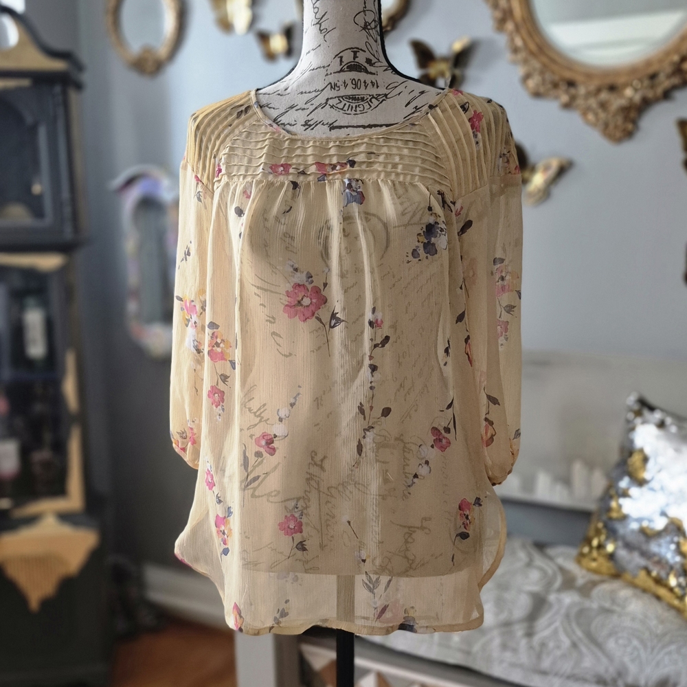 70s Vibe Sheer Floral Yellow Blouse Small